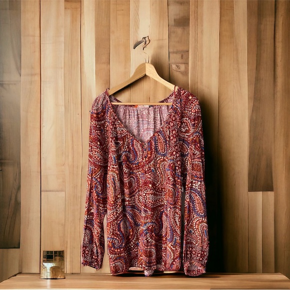 NEW Knox Rose Deep Hibiscus Boho Long Sleeve Paisley Rayon Button Blouse Large - Picture 1 of 6